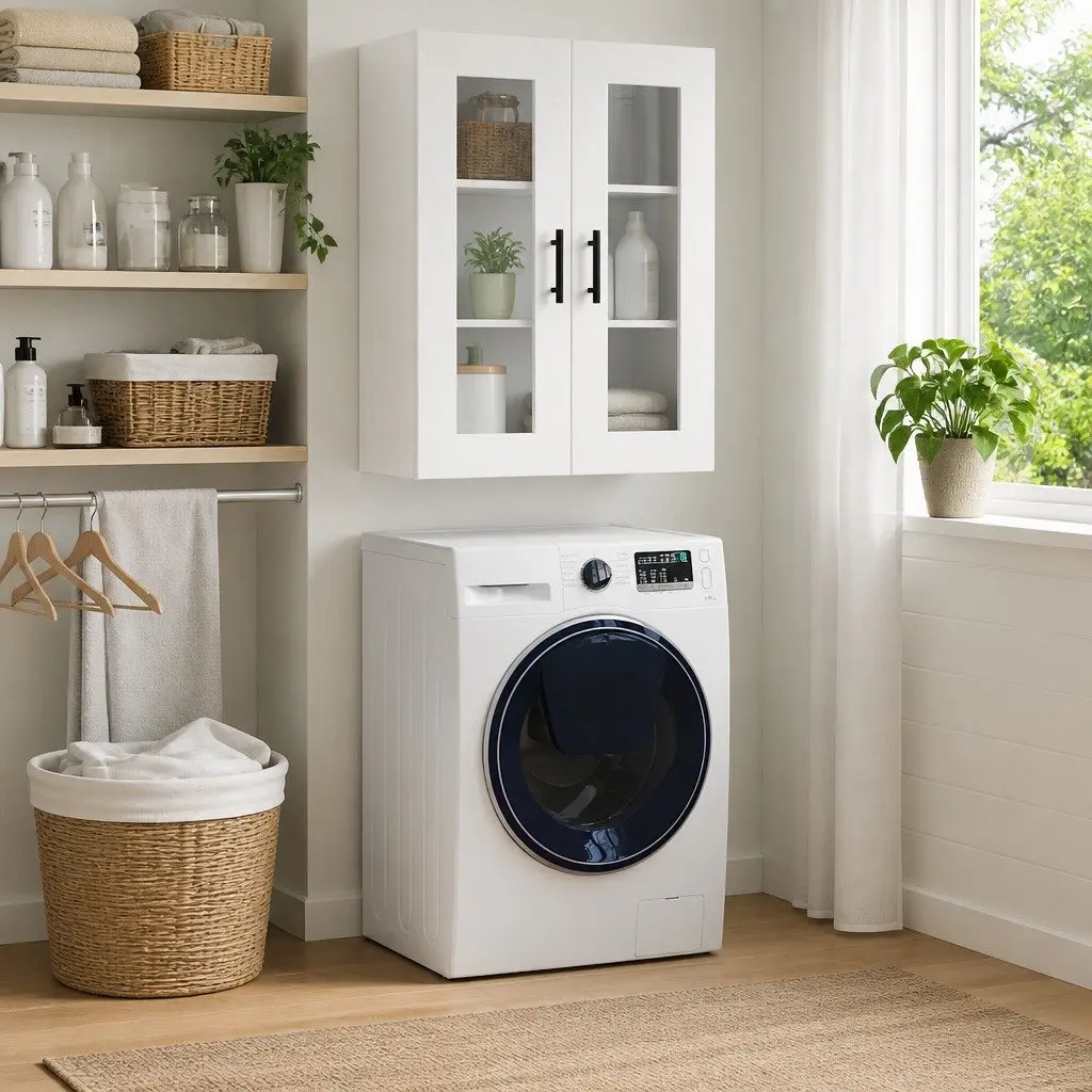 Wall Mounted Cabinet White Storage Hanging Cupboard Glass Door Sideboard