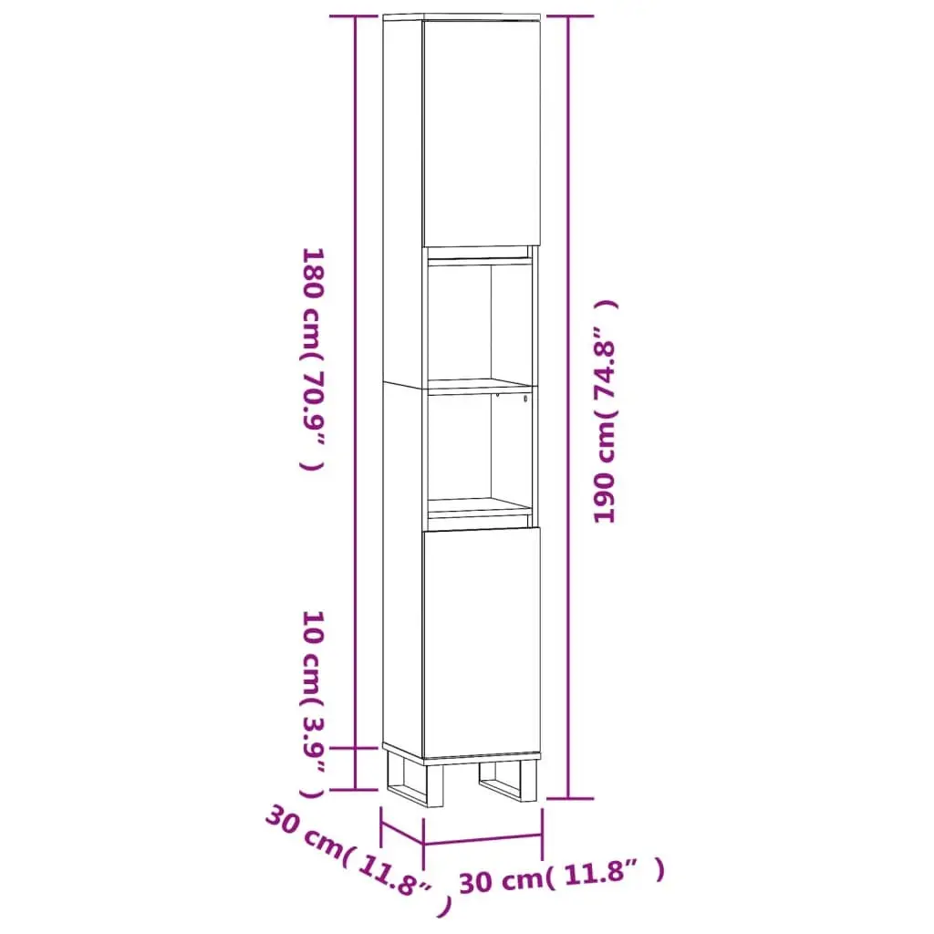 Bathroom Cabinet Black 30x30x190 cm Tall Storage Cupboard with Doors and Shelves