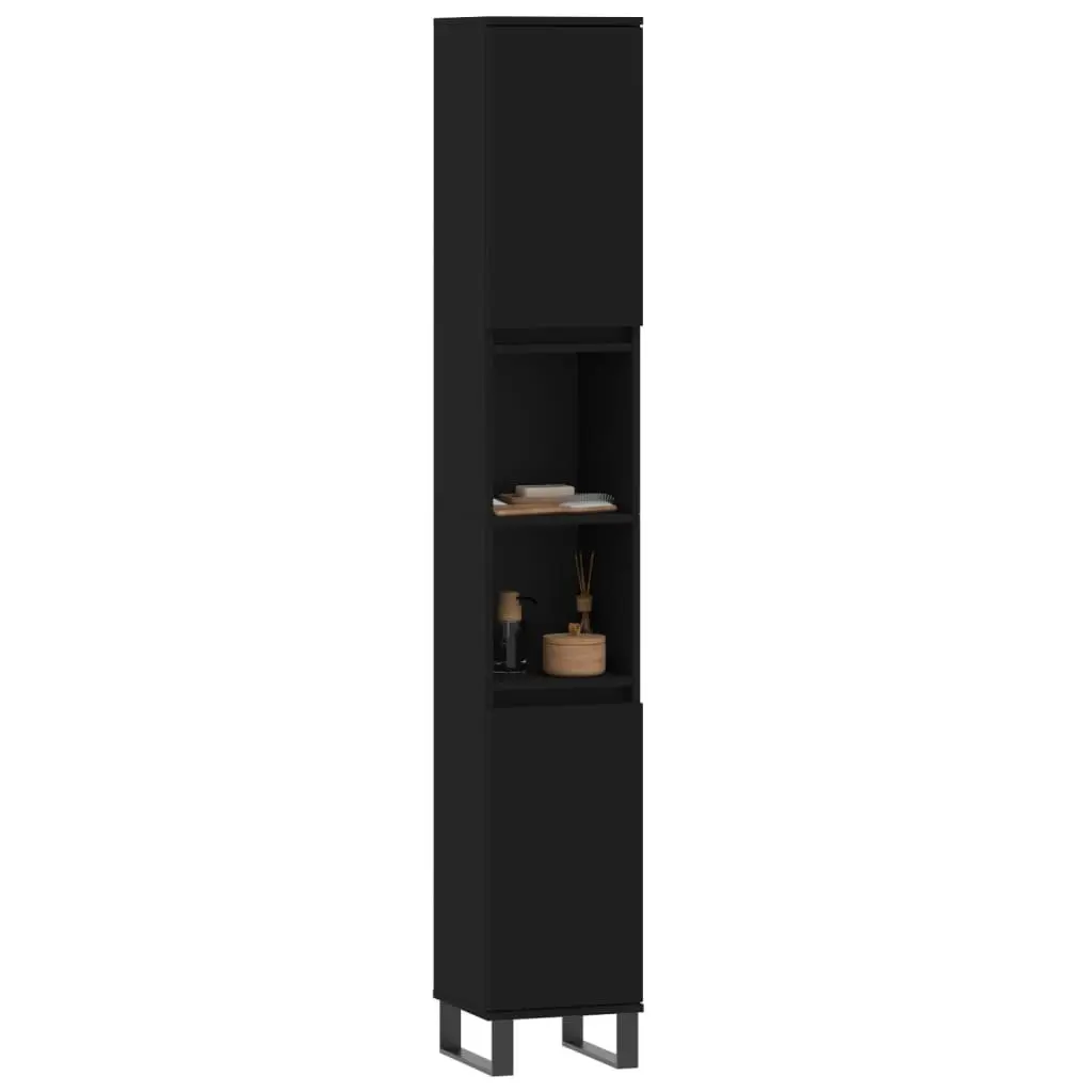 Bathroom Cabinet Black 30x30x190 cm Tall Storage Cupboard with Doors and Shelves