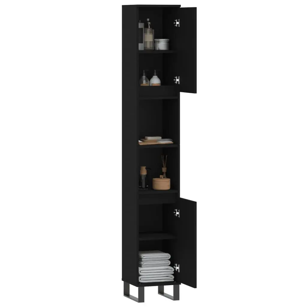 Bathroom Cabinet Black 30x30x190 cm Tall Storage Cupboard with Doors and Shelves