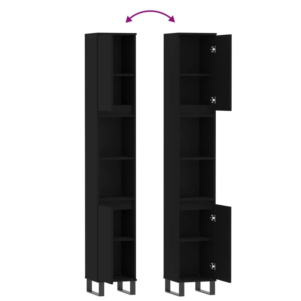 Bathroom Cabinet Black 30x30x190 cm Tall Storage Cupboard with Doors and Shelves