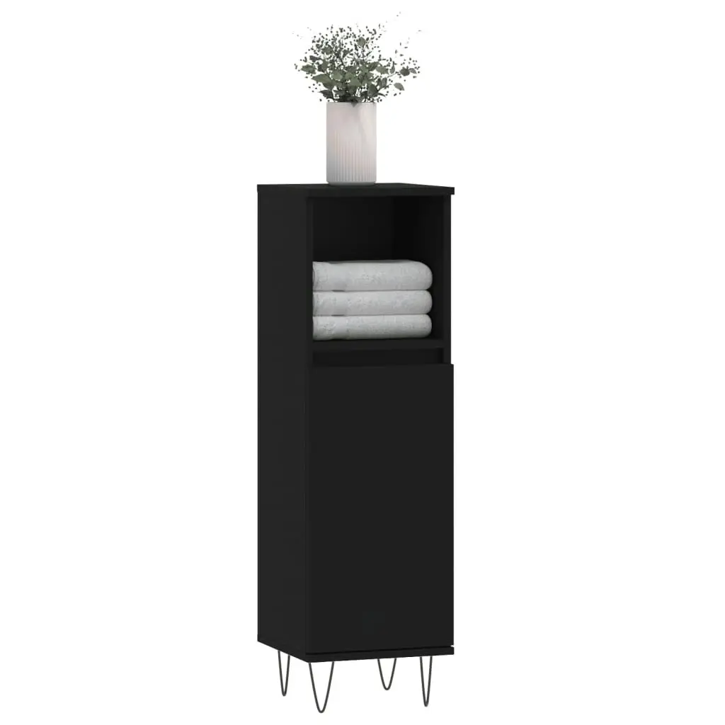 Bathroom Cabinet Black 30x30x100 cm Storage Cabinet with Door and Open Shelf