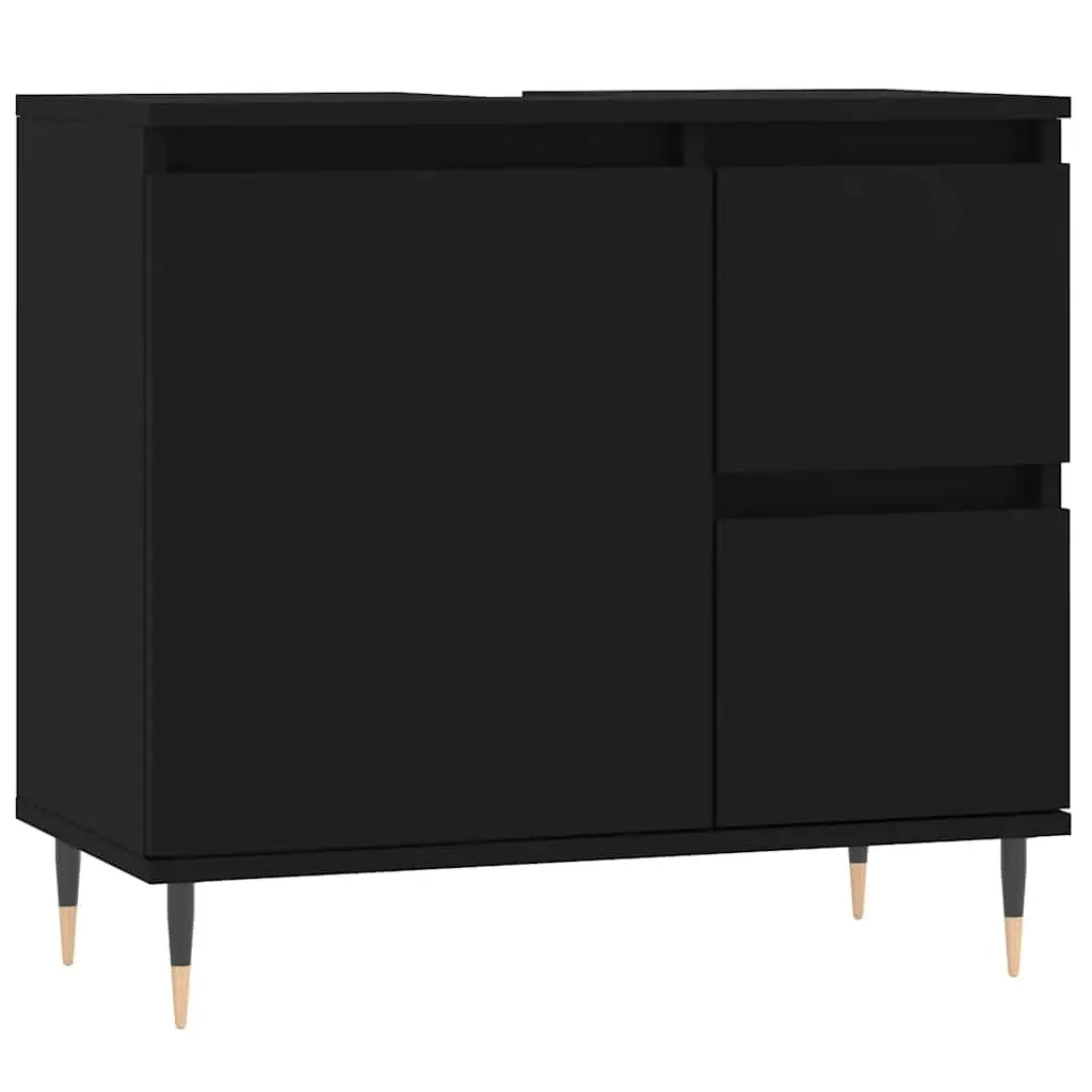 Bathroom Cabinet Black Engineered Wood Storage Unit with Drawers and Door
