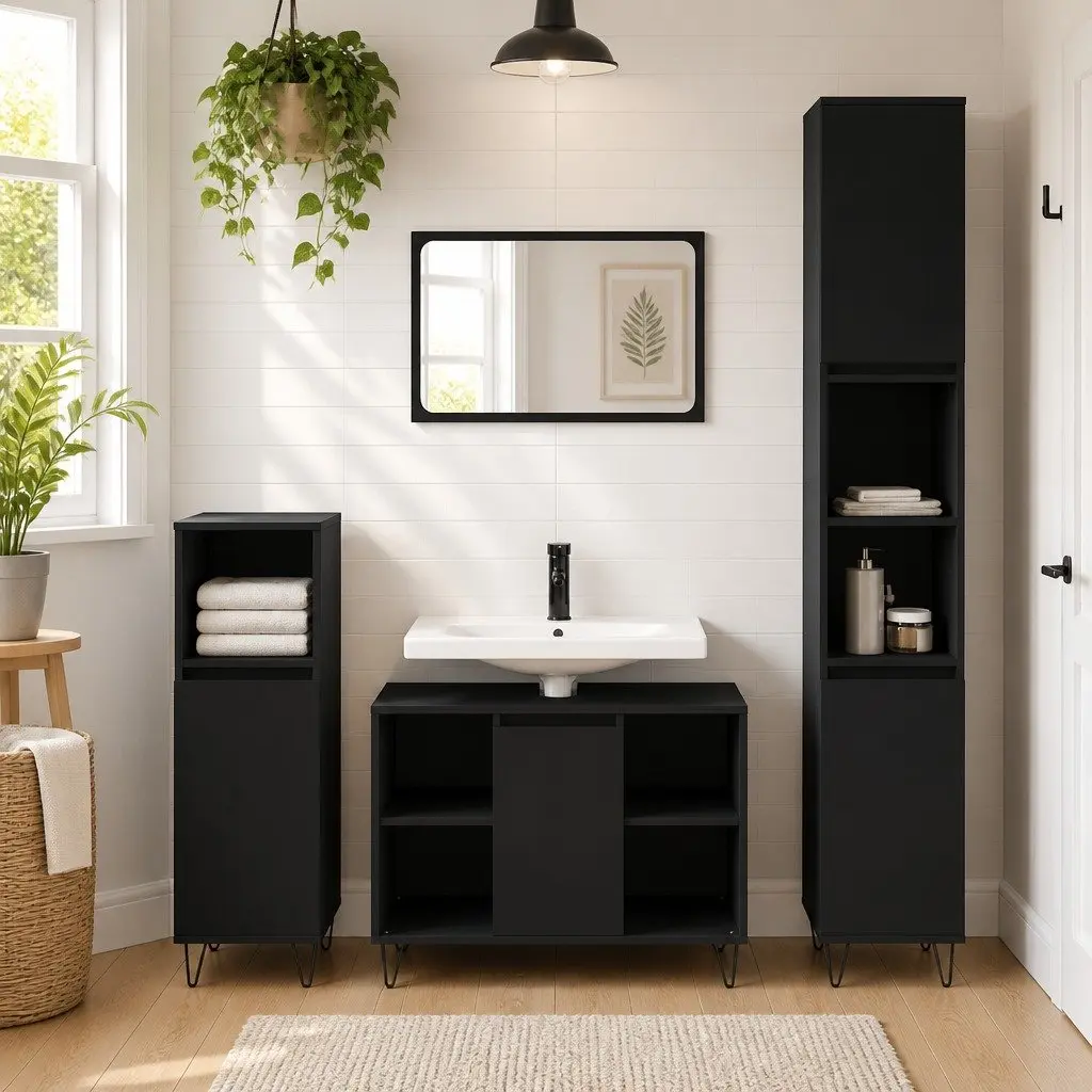 Vanity Unit Black Engineered Wood 80x33x60cm Bathroom Storage Cabinet with Door and Four Shelves