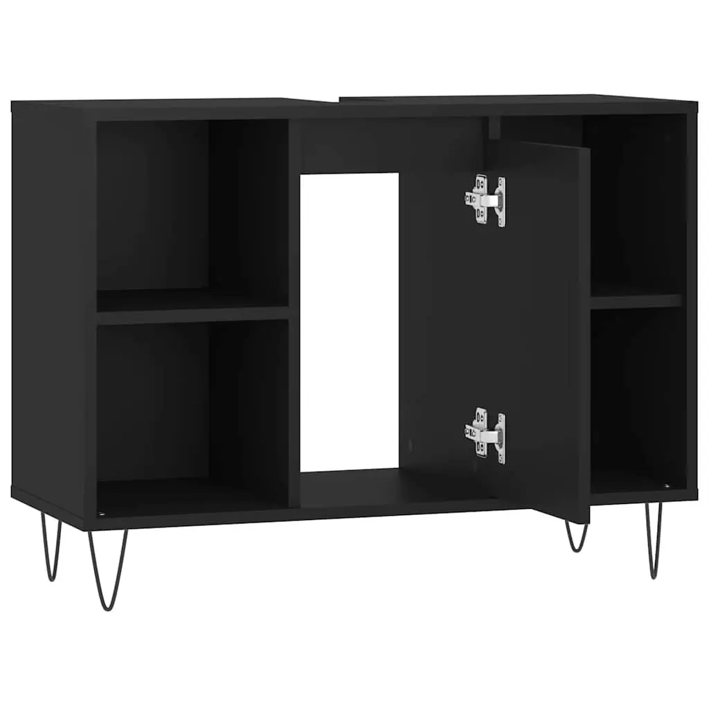 Vanity Unit Black Engineered Wood 80x33x60cm Bathroom Storage Cabinet with Door and Four Shelves