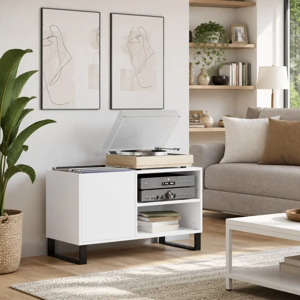 Record Cabinet White Engineered Wood Spacious Interior Sturdy Top Surface