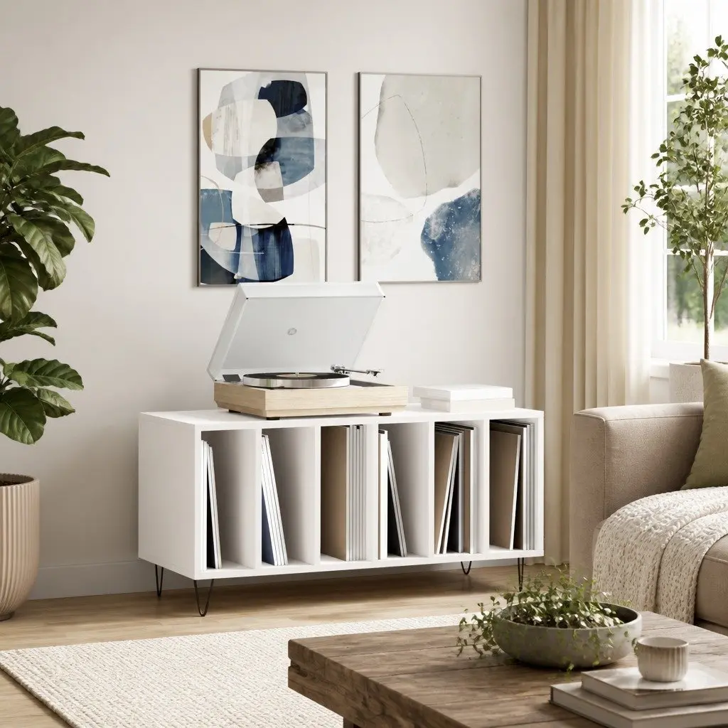 Record Cabinet White Engineered Wood Vinyl LP Display Unit Sturdy Top Industrial Style