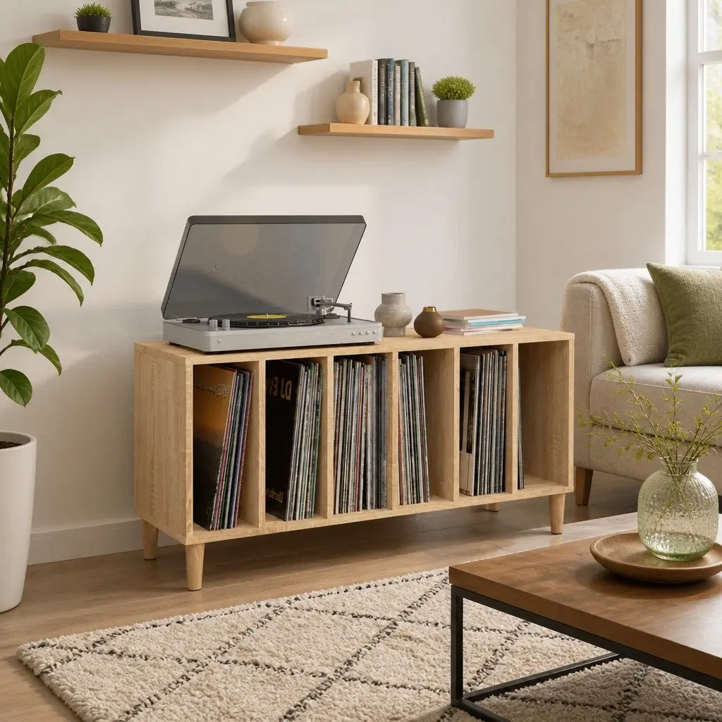 Vinyl LP Record Cabinet Brown Engineered Wood Storage Organizer with Sturdy Surface and Wooden Feet 100x38x48cm