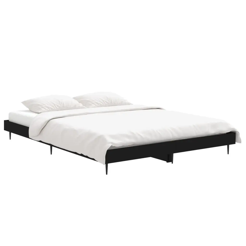 Bed Frame Black 135x190 cm Engineered Wood Slatted Base Metal Legs Bedroom