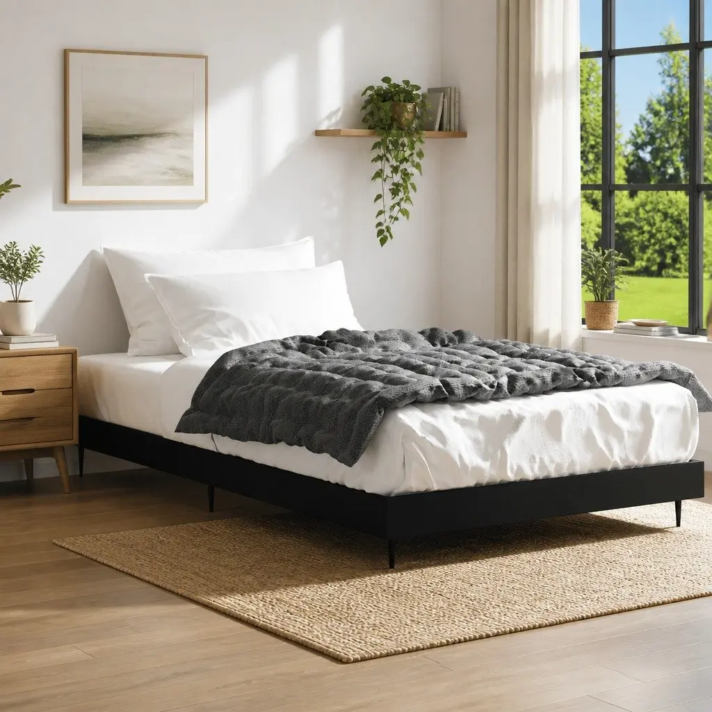 Bed Frame 90x190 cm Black Engineered Wood Slatted Base Metal Legs Bedroom