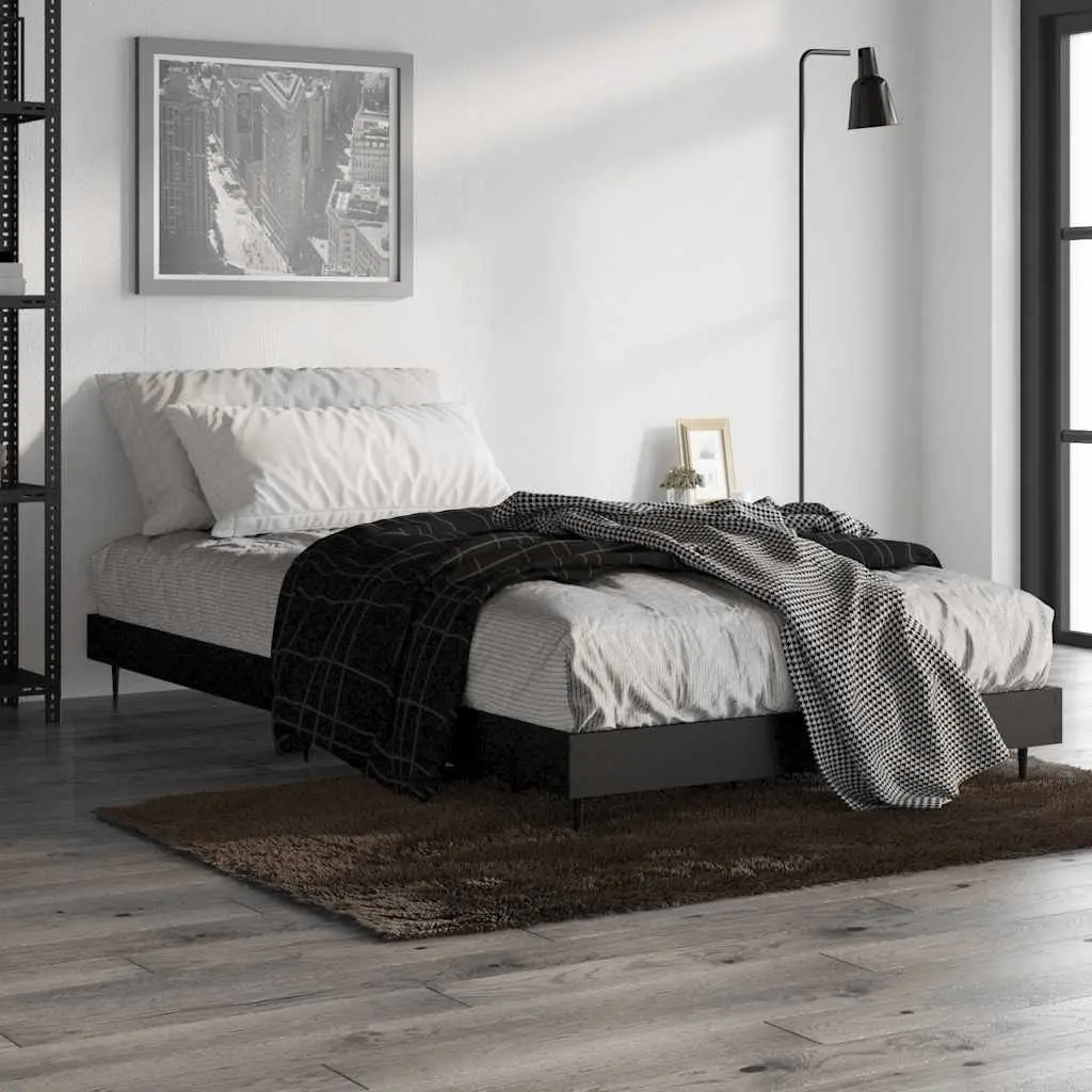 Bed Frame 90x190 cm Black Engineered Wood Slatted Base Metal Legs Bedroom