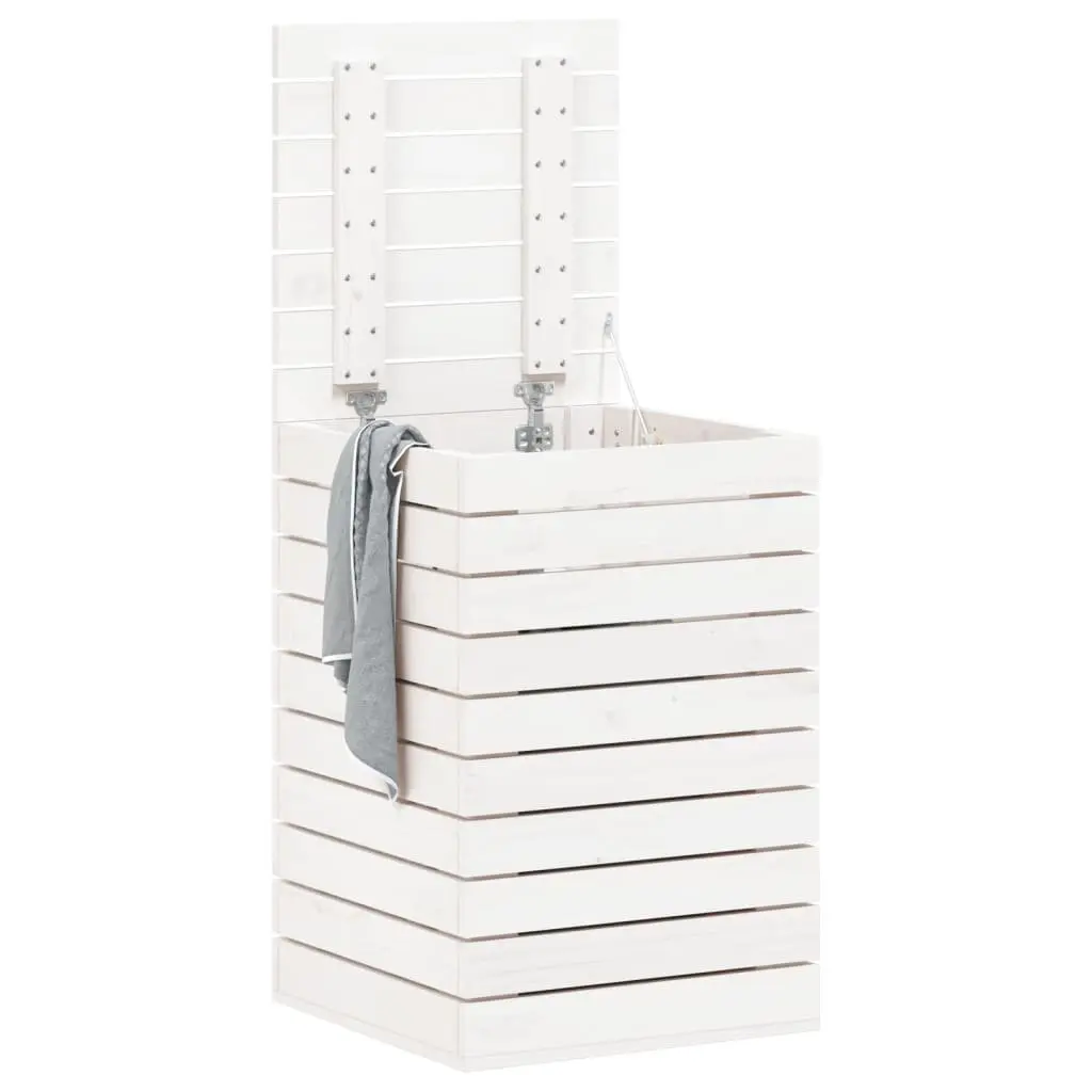 Laundry Basket Lidded White Solid Pine Wood Storage Container for Household Linen 44x44x66cm