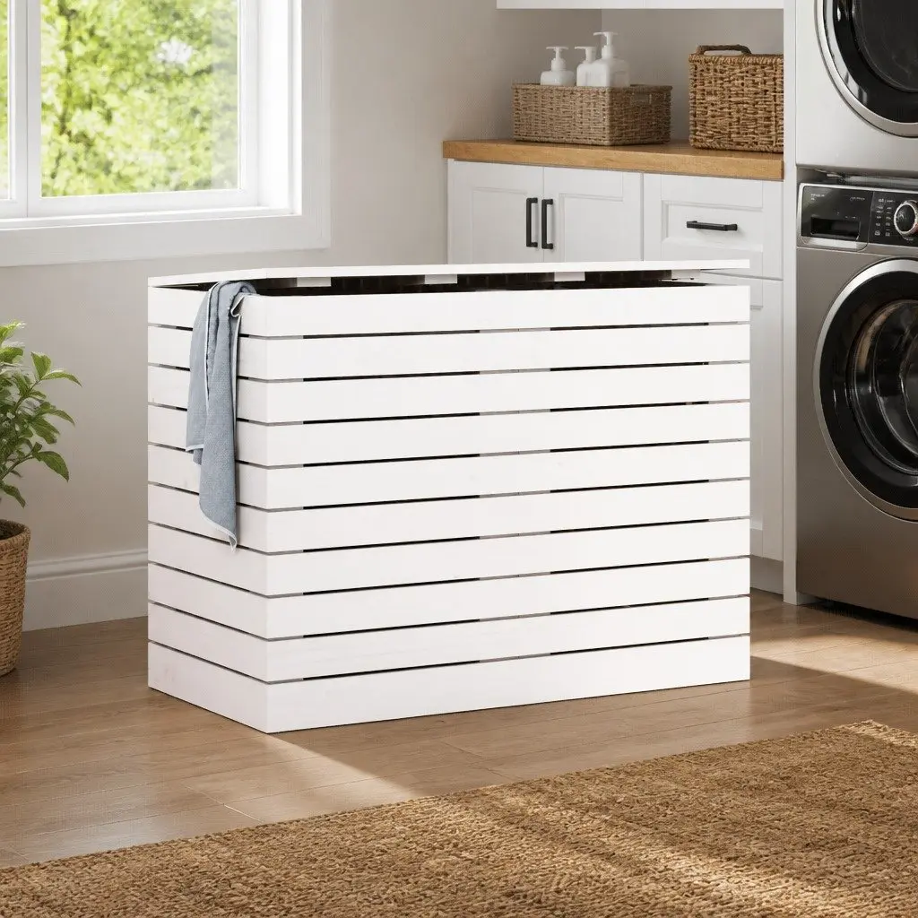 Laundry Basket White Solid Pine Wood Storage Bin with Lid Household Organization