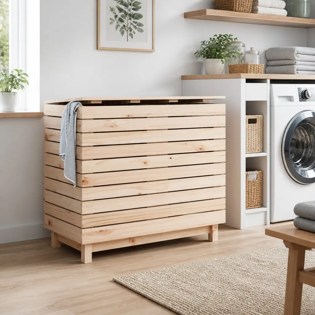 Wooden Laundry Basket Brown Large Hinged Lid Storage Box Organizer