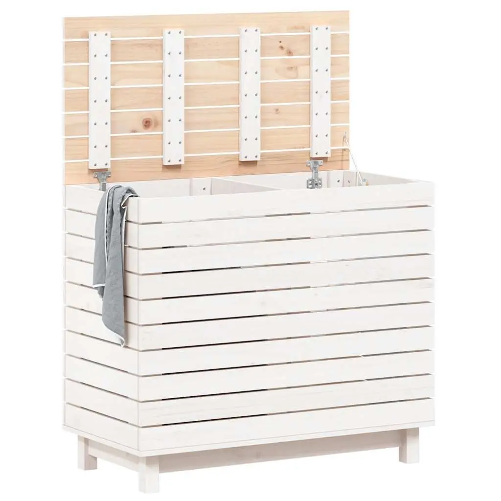 Wooden Laundry Basket White Solid Pine Wood with Hinged Lid