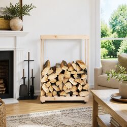 Wooden Log Holder with Wheels Brown Firewood Storage Rack Indoor Outdoor