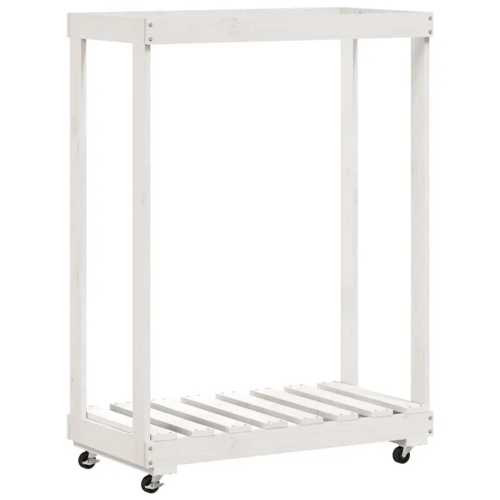 Wooden Log Holder with Wheels White Storage Rack Firewood Indoor Outdoor