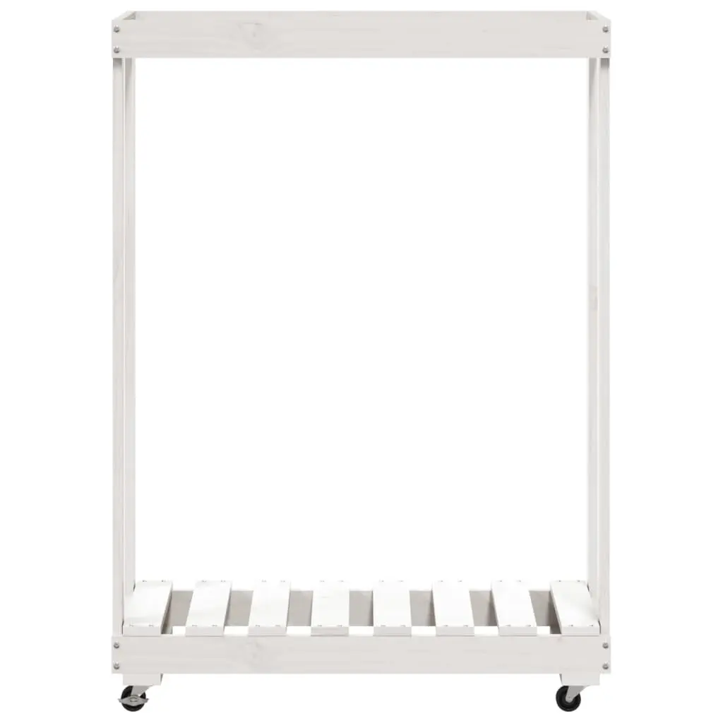 Wooden Log Holder with Wheels White Storage Rack Firewood Indoor Outdoor