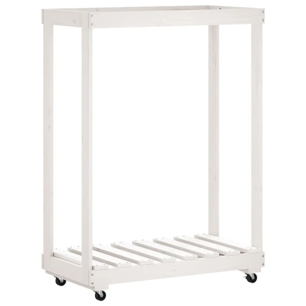 Wooden Log Holder with Wheels White Storage Rack Firewood Indoor Outdoor