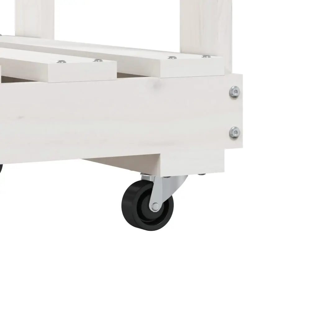 Wooden Log Holder with Wheels White Storage Rack Firewood Indoor Outdoor