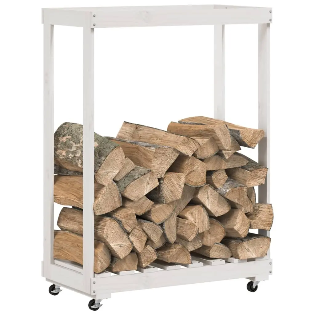 Wooden Log Holder with Wheels White Storage Rack Firewood Indoor Outdoor