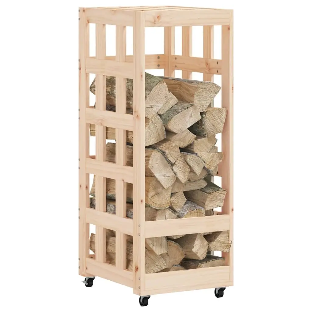 Wooden Log Holder Brown 40x49x110cm Solid Pine Firewood Storage Rack with Rolling Wheels