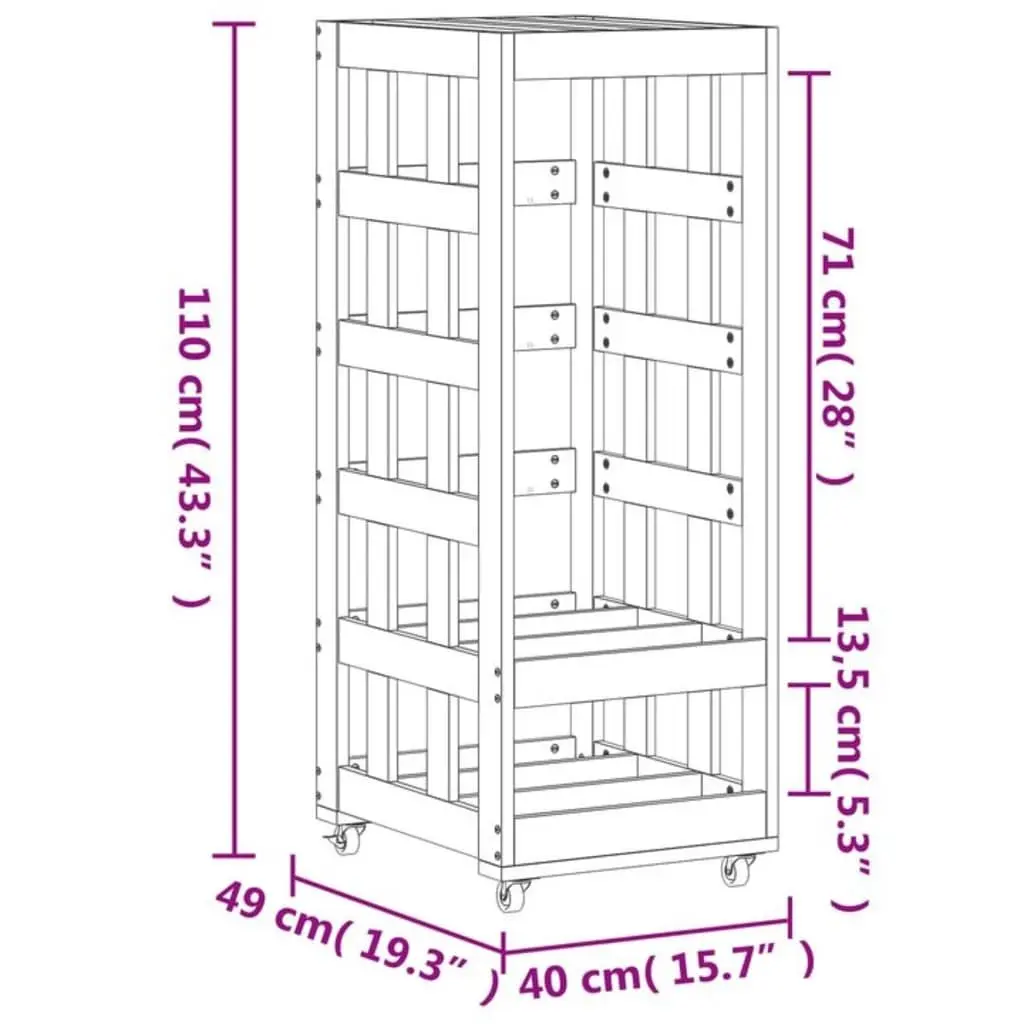 Wooden Log Holder Brown 40x49x110cm Solid Pine Firewood Storage Rack with Rolling Wheels