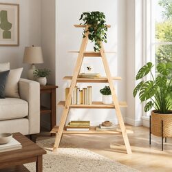 5-Tier A-Frame Wooden Shelf Brown Pine Storage Bookcases Display Stand