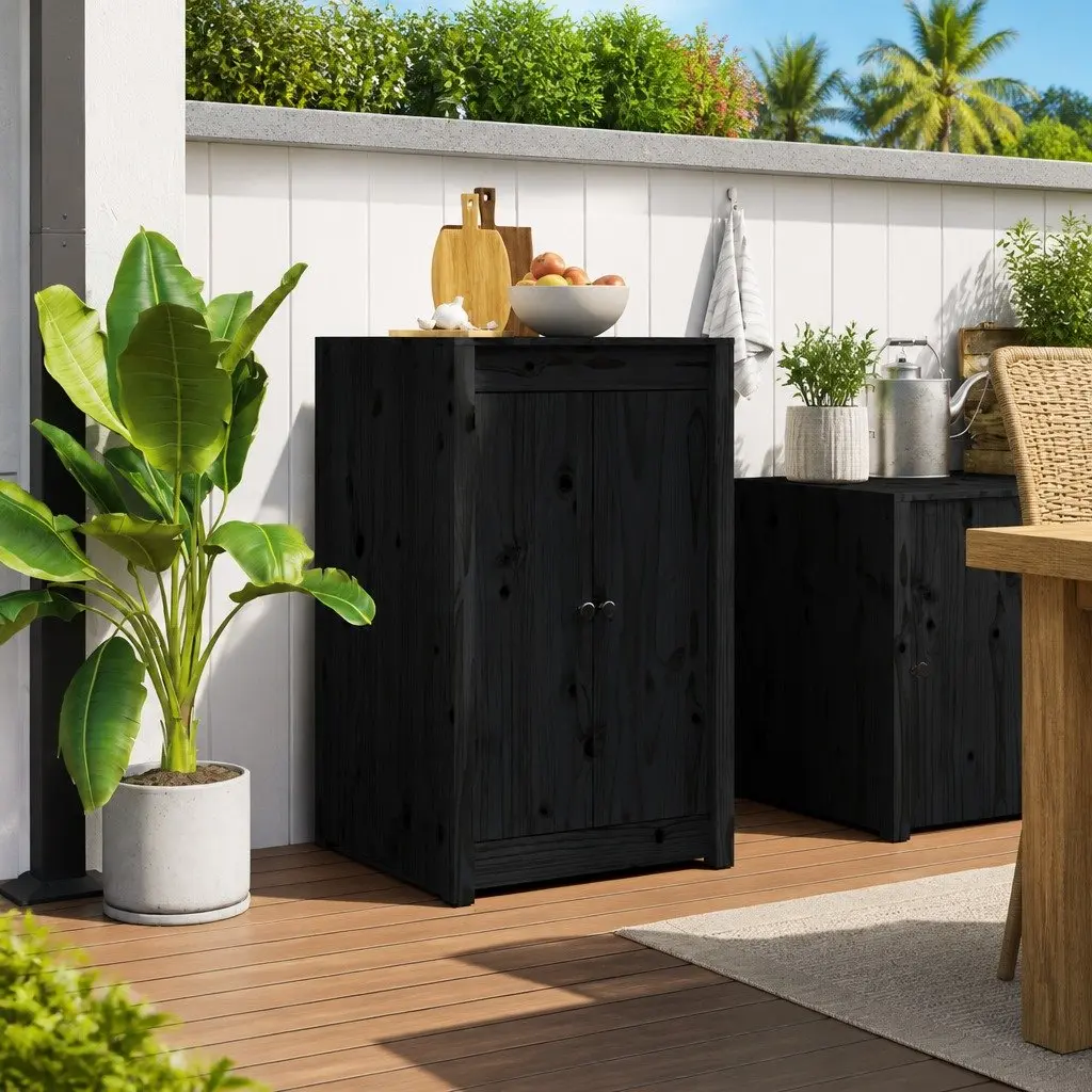 Outdoor Cabinet Door Black Solid Pine Wood Pre-Drilled Installation 50x9x82cm