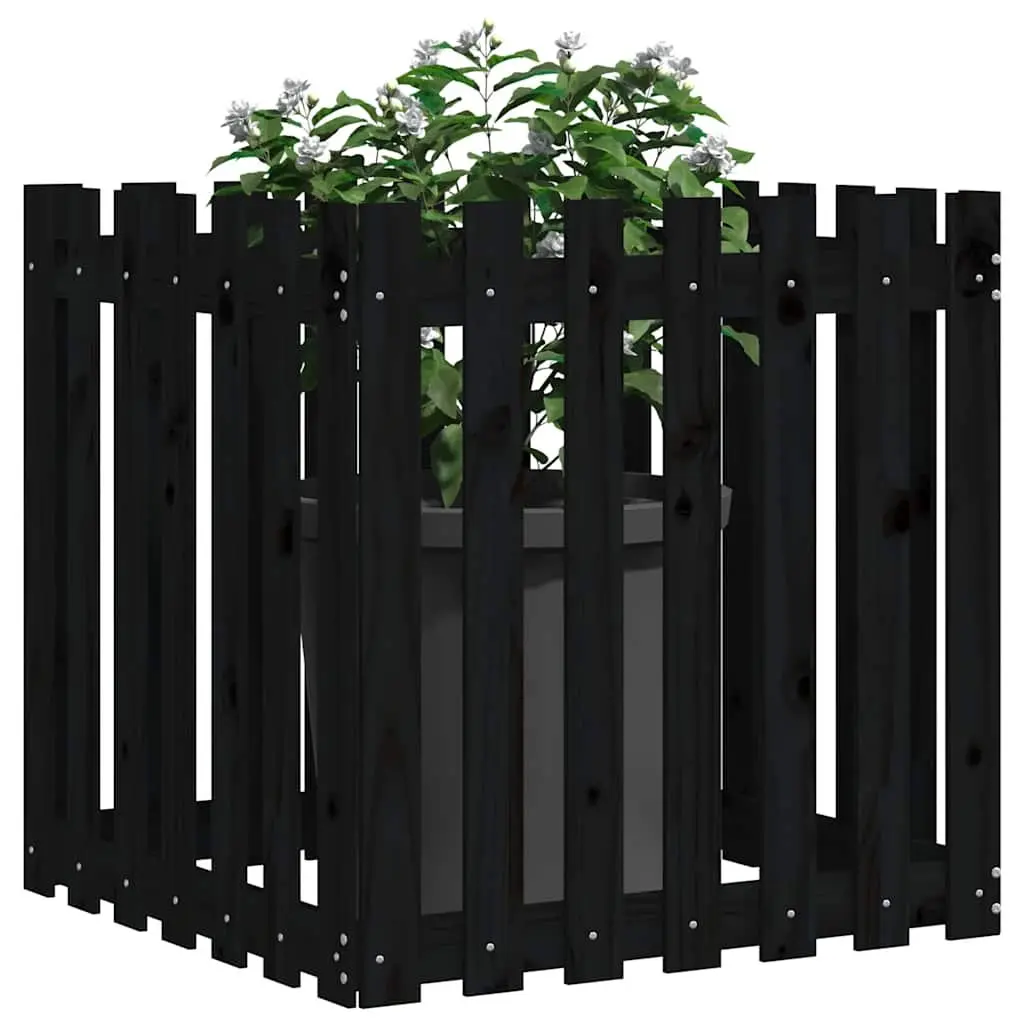 Garden Planter with Fence Design Black 70x70x70 cm Solid Wood Outdoor Pot