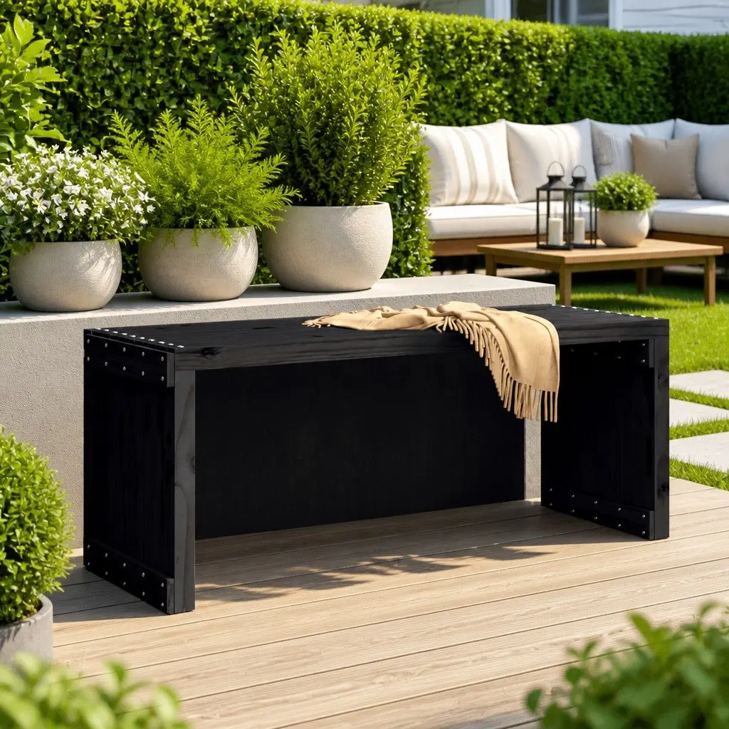 Garden Bench Black Extendable Solid Pine Wood Outdoor Seating