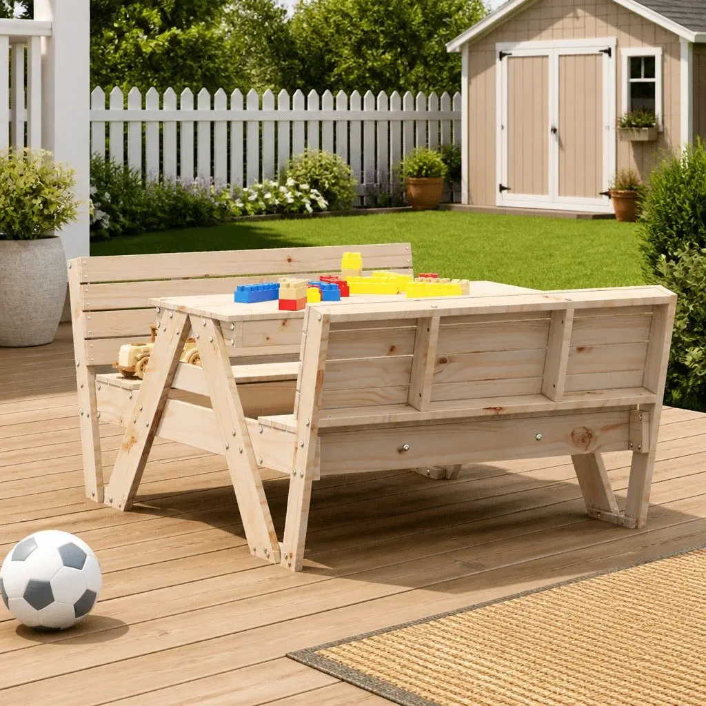 Wooden Picnic Table Brown Solid Pine Durable Construction Outdoor Garden Furniture