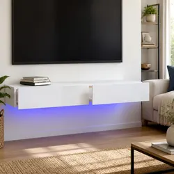 Compact White TV Cabinet with LED Lights and Storage