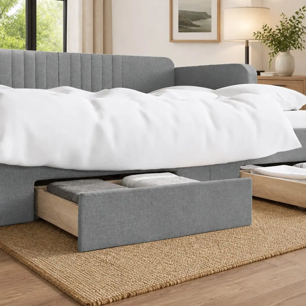 Under Bed Storage Drawers Grey 2 Piece Easy-Glide Rolling Engineered Wood Fabric