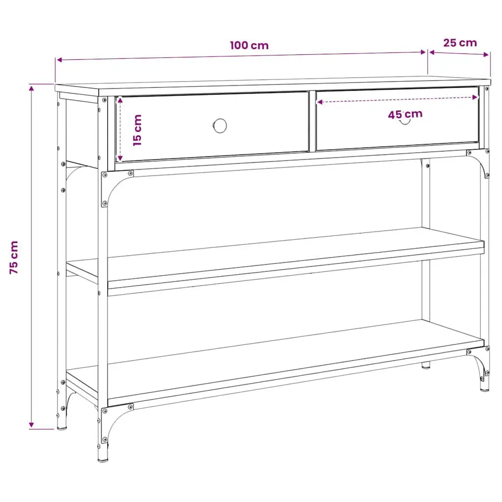 Console Table Brown 100cm x 25cm x 75cm Engineered Wood Metal Frame Storage Space