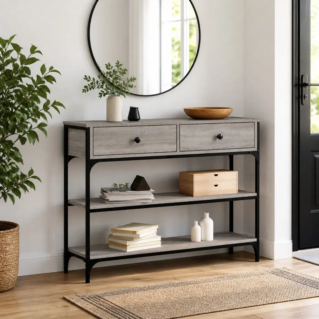 Console Table Grey Engineered Wood Metal Frame Storage for Entryway Hallway Accent Furniture 100x25x75cm