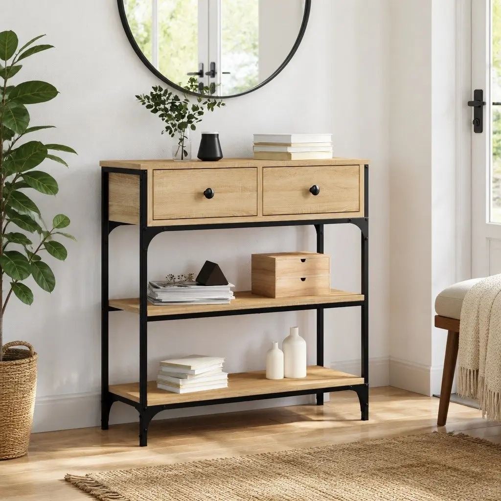 Console Table Brown Engineered Wood Metal Frame Entryway Living Room Accent