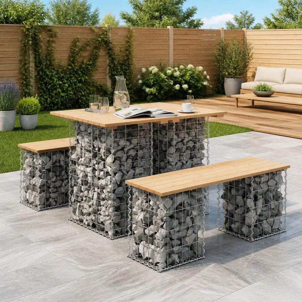 Garden Table Gabion Design Solid Wood Pine Outdoor Patio Furniture Brown