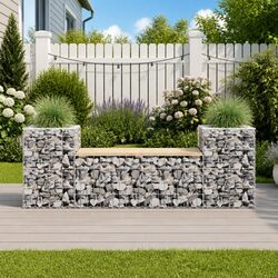 Garden Bench Solid Wood Pine Seat Gabion Design Outdoor Patio Seating Brown