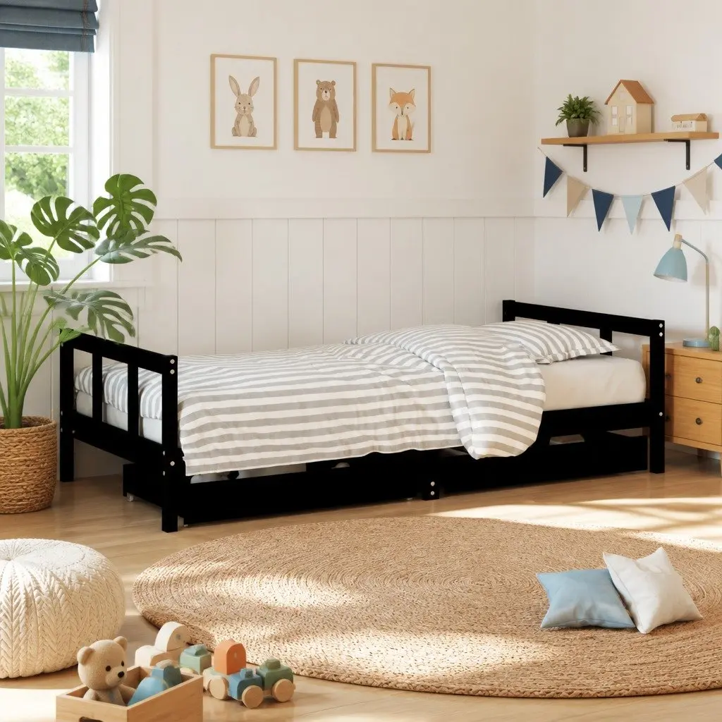Kids Bed Frame Black 90x190cm Storage Drawers Low Height