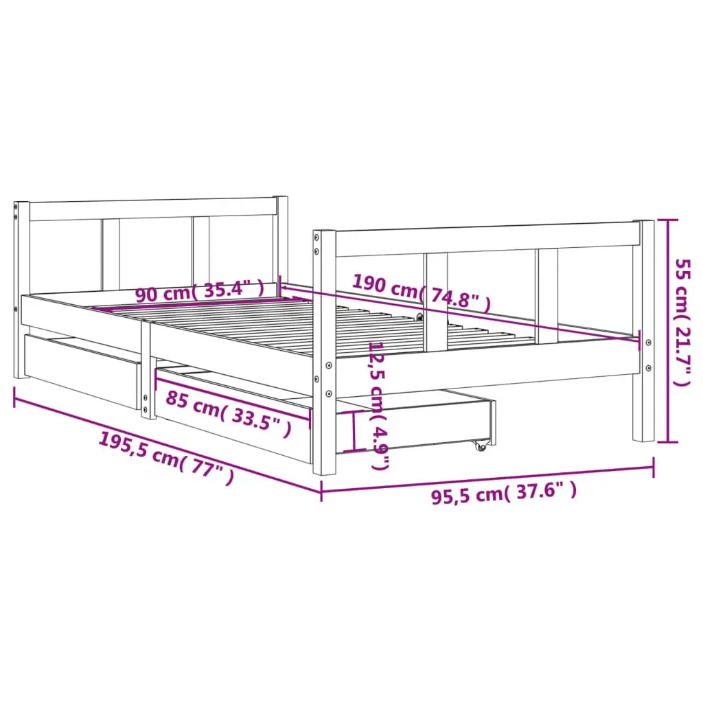 Kids Bed Frame Black 90x190cm Storage Drawers Low Height