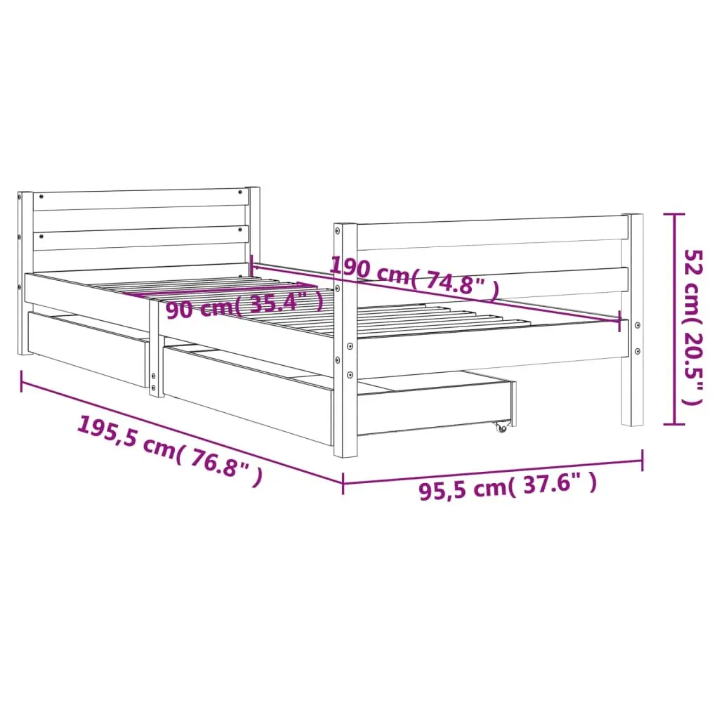 Kids Bed Frame White Single Wooden with Storage Drawers Slat Base