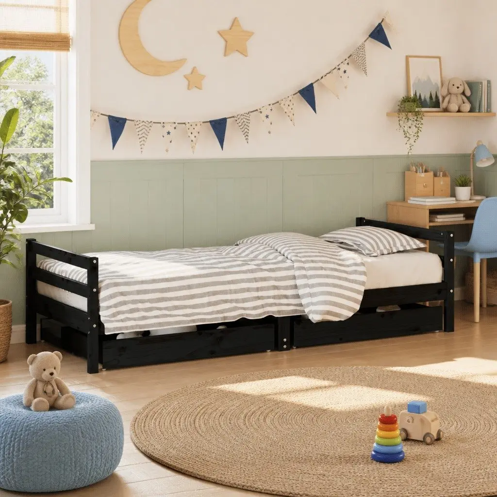 Kids Bed Frame 90x190 cm Black Solid Pine Wood with Storage Drawers Low Platform
