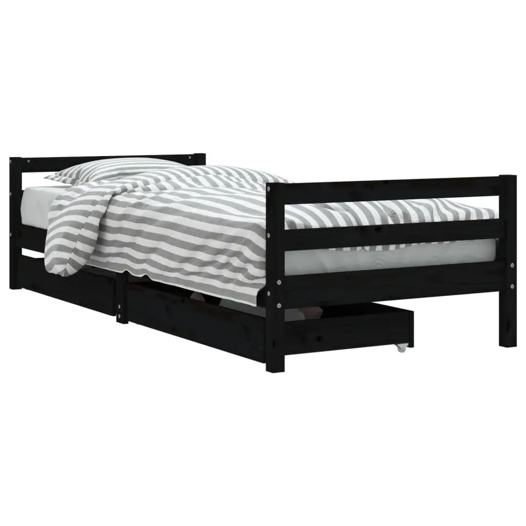 Kids Bed Frame 90x190 cm Black Solid Pine Wood with Storage Drawers Low Platform