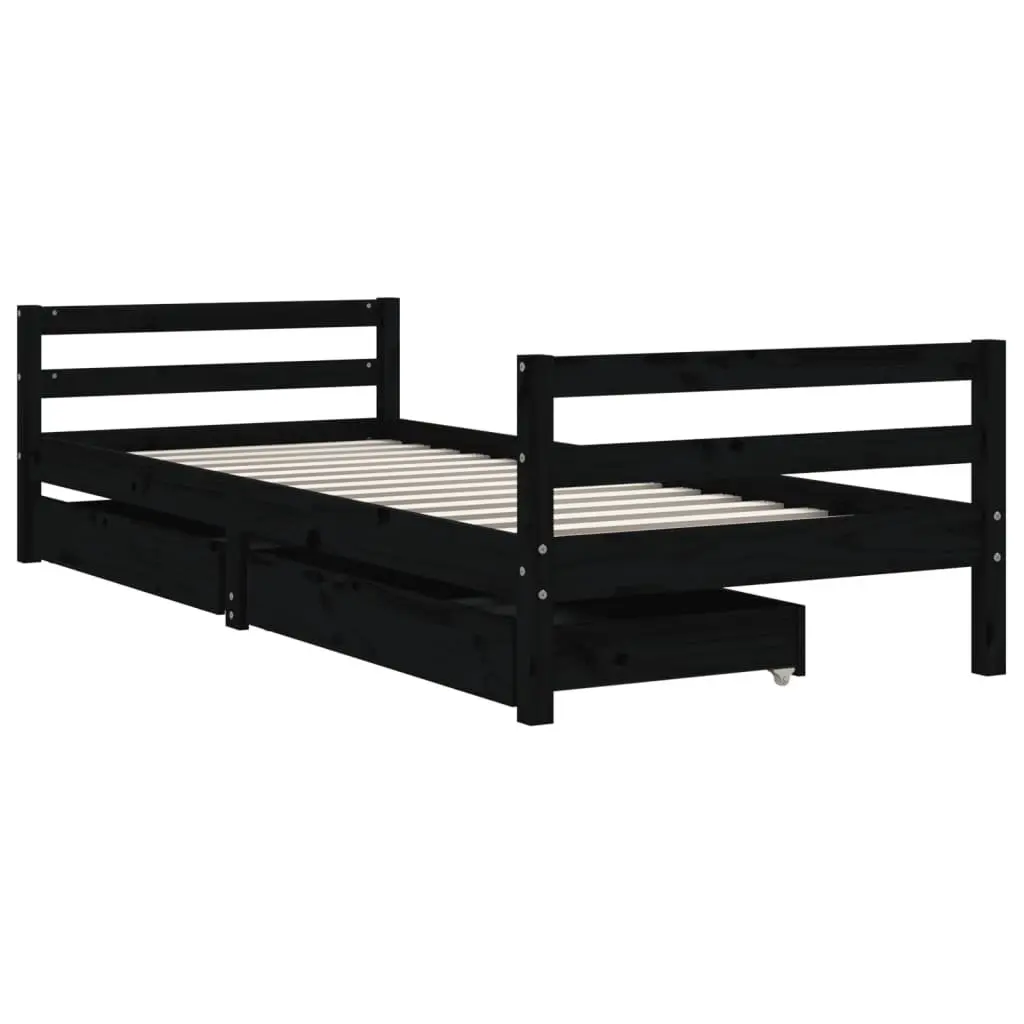 Kids Bed Frame 90x190 cm Black Solid Pine Wood with Storage Drawers Low Platform