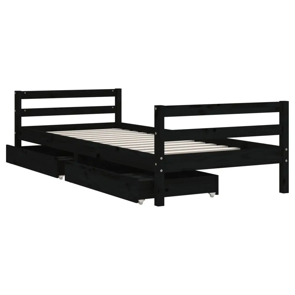 Kids Bed Frame 90x190 cm Black Solid Pine Wood with Storage Drawers Low Platform