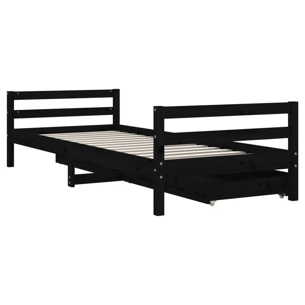 Kids Bed Frame 90x190 cm Black Solid Pine Wood with Storage Drawers Low Platform