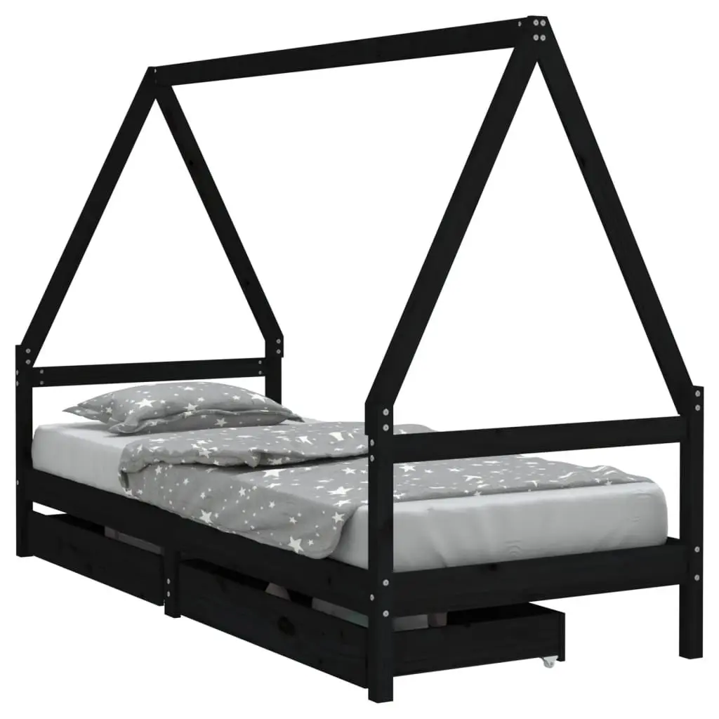 Kids Bed Frame with Storage Drawers House Design Solid Pine Wood 90x190cm Black
