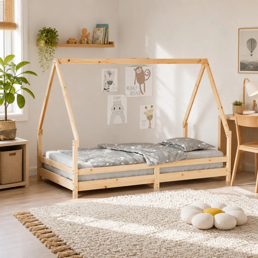 Kids Bed Frame 90x190 cm Solid Wood Pine House Design Toddler Bedroom Furniture