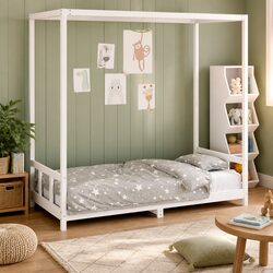 White Canopy Toddler Bed Frame - Solid Wood 90x190 cm